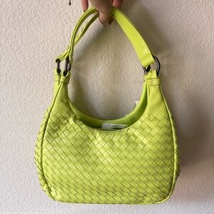*READ Neon Highlighter Yellow Green Woven Sheepskin Zipper Shoulder Bag